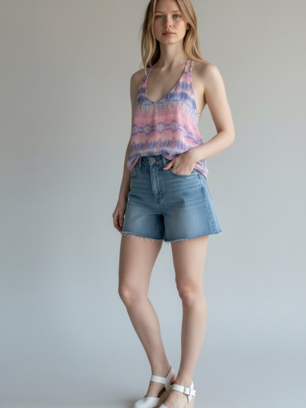 Forever 21 Pink & Blue Ikat Print Ladderback Strappy Tank Top - Size Medium